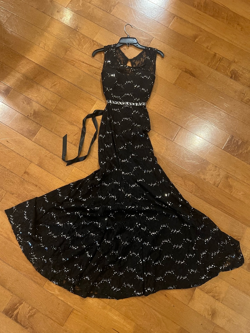 My Michelle Elegant Black Sequin Gown with Tie Belt Size 1